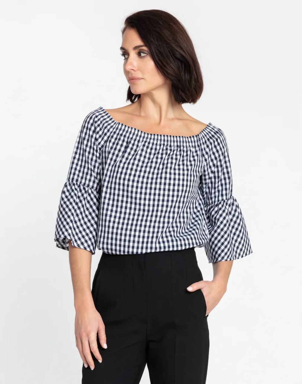 Hinson Wu Lena Off Shoulder 3/4 Sleeve Mini Gingham Top large $230